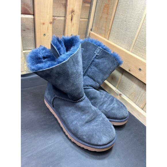 UGG Womens Mini Bailey Bow II Boots Size 7 Navy Blue Suede Shearling Warm Winter - Picture 2 of 9